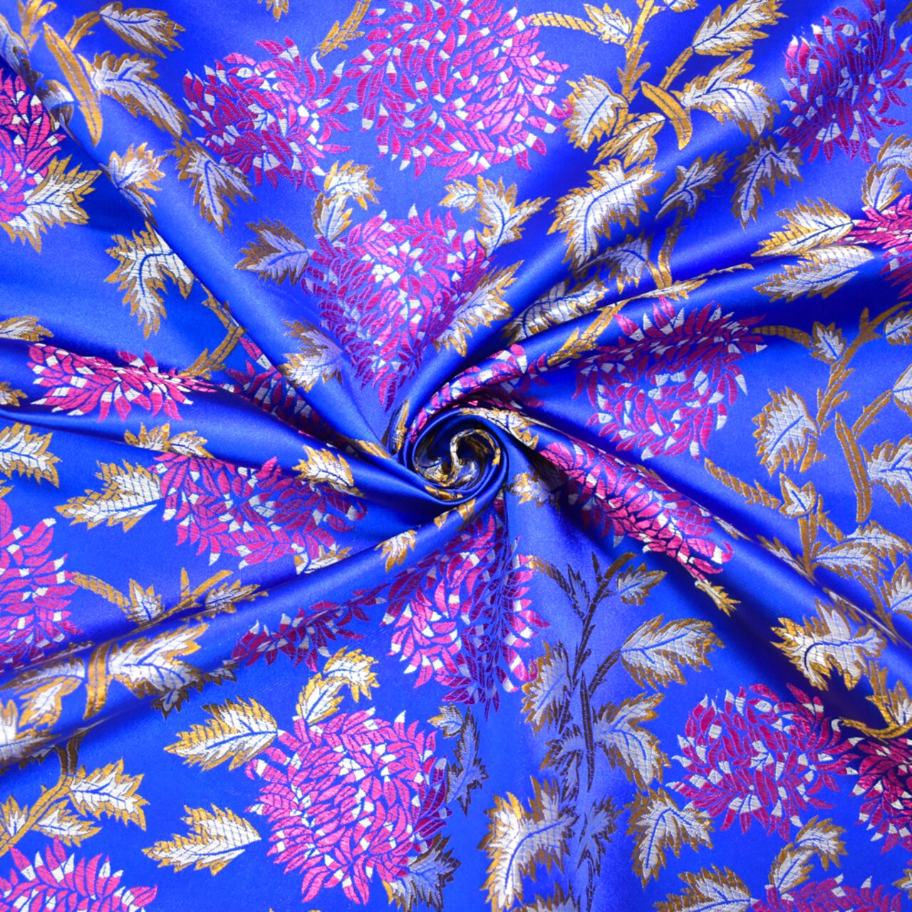 Blue-Fuchsia-Multi Polyester Abstract Floral Chinese Brocade Woven Fabric By the Yard